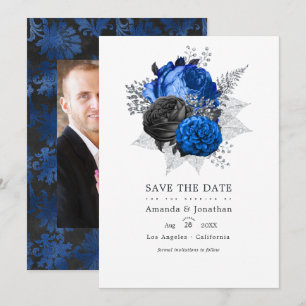 Save The Date Royal Blue, Black and Silver Floral Mariage Photo