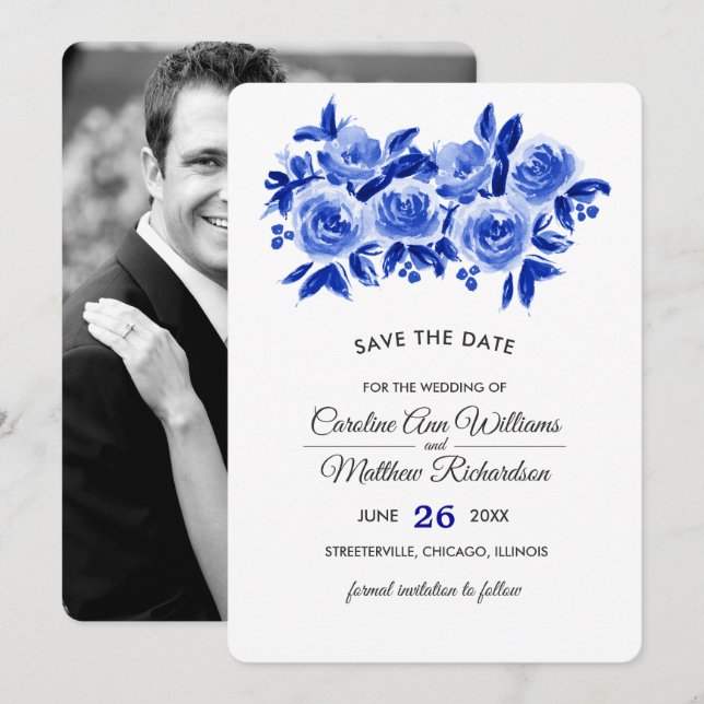 Save the Date Royal Blue Floral Foto Card (Vorne/Hinten)