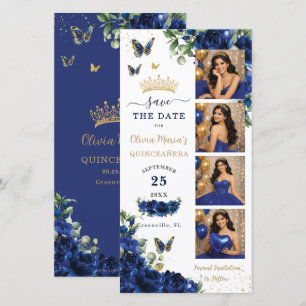 Save The Date Royal Blue Floral Gold Photomaton Quinceanera