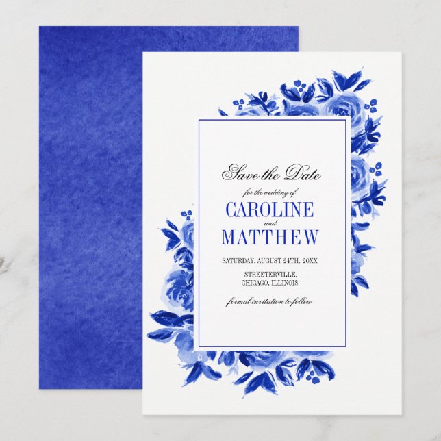 Save The Date. Royal Blue Floral Wedding Cards Einladung (Vorne/Hinten)