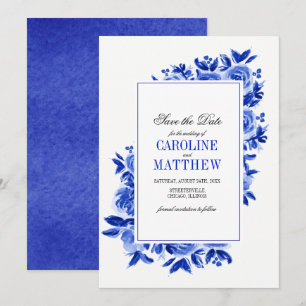 Save The Date. Royal Blue Floral Wedding Cards Einladung