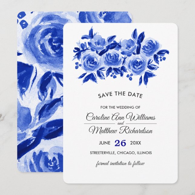 Save The Date. Royal Blue Floral Wedding Cards Save The Date (Vorne/Hinten)