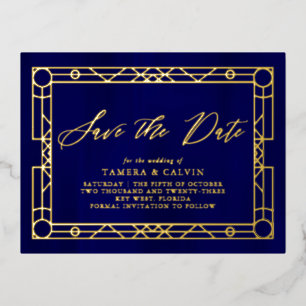 Save the Date Royal Blue Gold Dekorrahmen Folie Einladungspostkarte