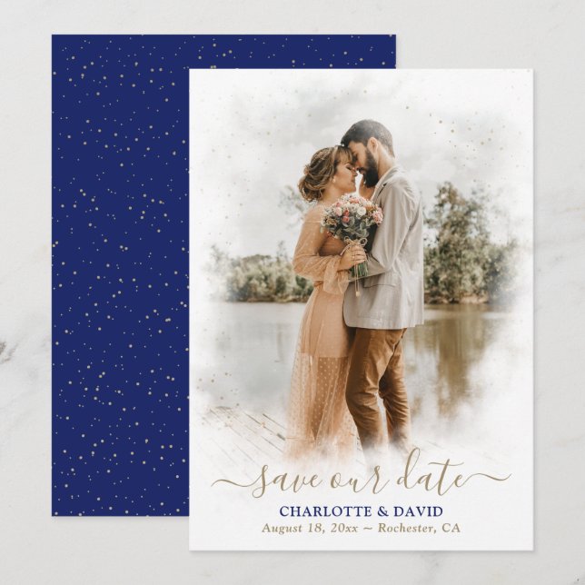 Save The Date Royal Blue Gold Mariage Photo Enregistrer notre ca (Devant / Derrière)
