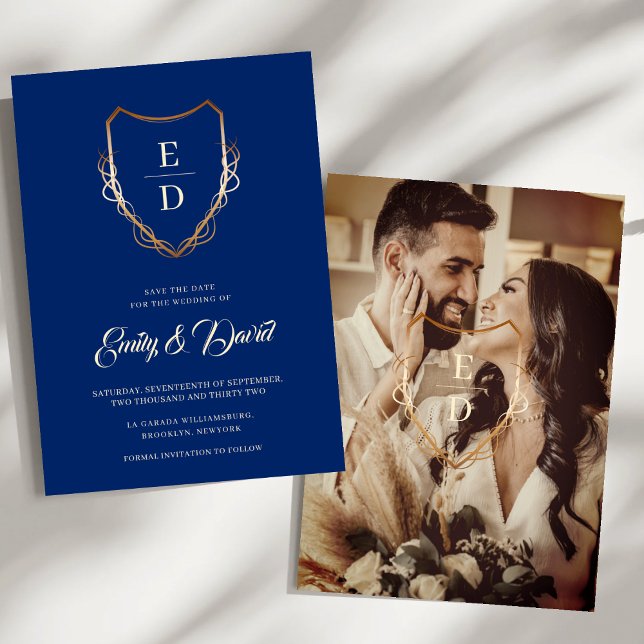 Save The Date Royal Blue Rustic Gold Monogramme photo (Créateur téléchargé)