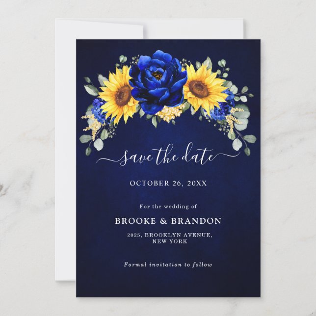 Save The Date Royal Blue Rustic Tournesol Moderne Floral Mariage (Devant)