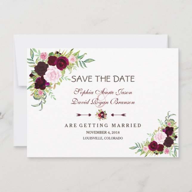 Save The Date Royal Burgundy Marsala Floral Enregistrer La Date (Devant)