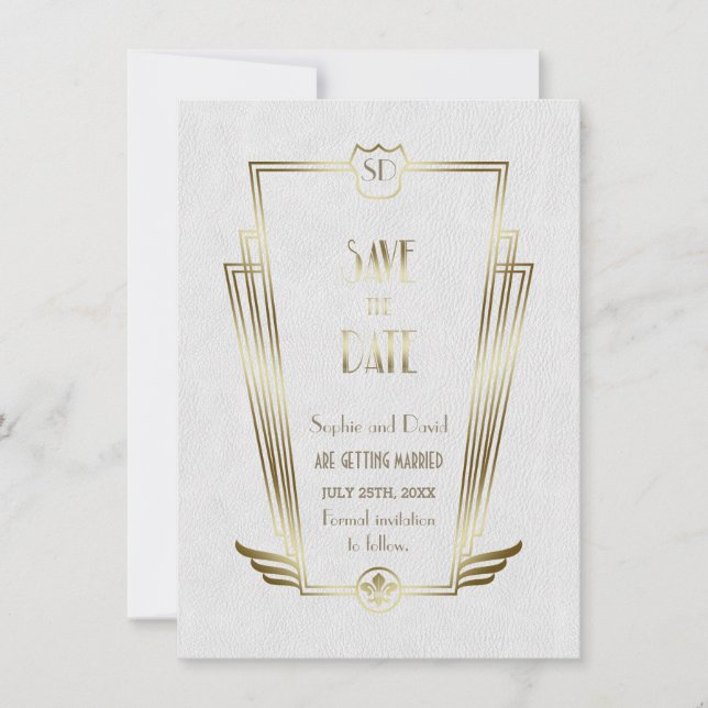 Save The Date Royal Gold White Art Deco Monogramme Enregistrer L (Devant)