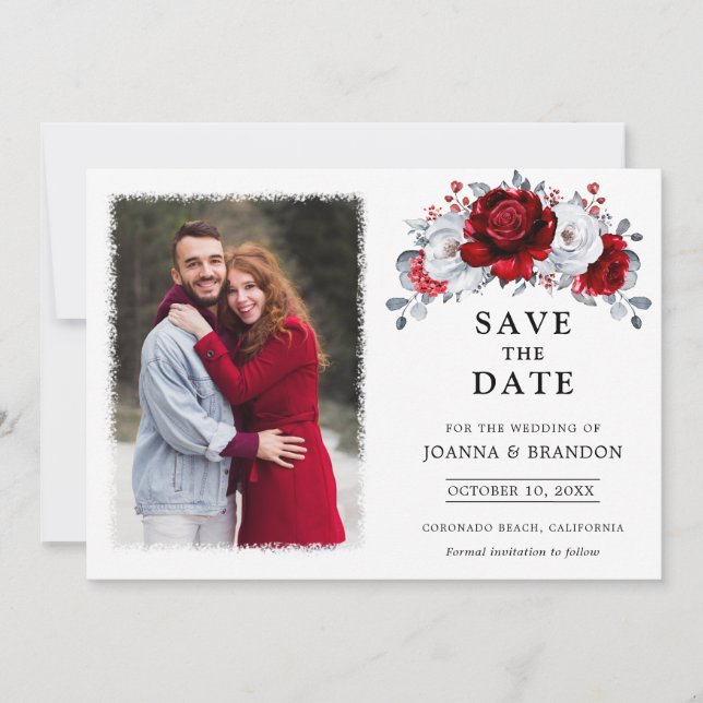 Save The Date Royal Rouge Blanc argent métal Mariage floral (Devant)