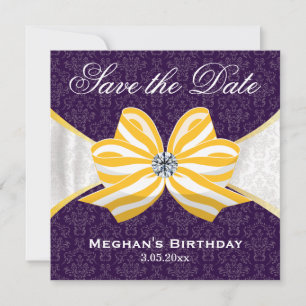 Save The Date Ruban jaune diamant avec motif pourpre damassé