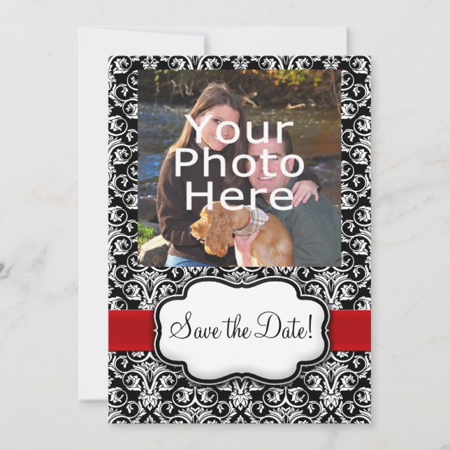 Save The Date Ruban Rouge/Blanc/Noir Damassé Enregistrer la Date (Devant)