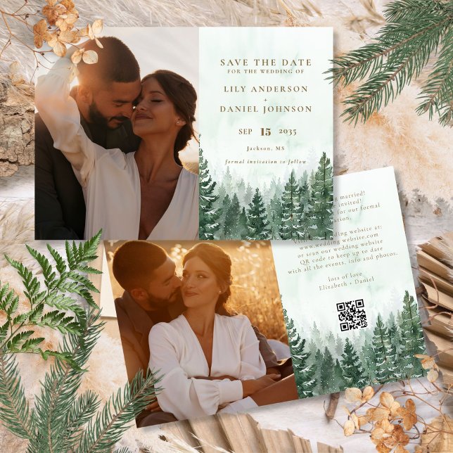 Save The Date Russe Aquarelle Pine Tree Forêt Photo QR Code (Rustic Watercolor Pine Tree Forest Photo QR Code Save The Date)