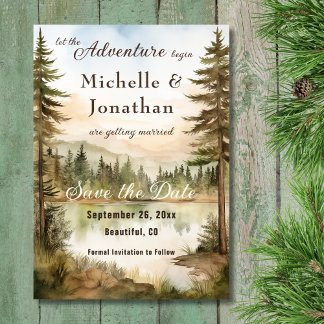 Save The Date Russe aquarelle Woodland Lake Mariage d'aventure