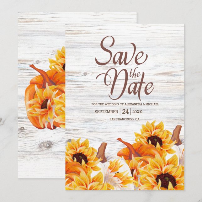 Save The Date Russe blanc aquarelle Citrouille Tournesol Sa (Devant / Derrière)