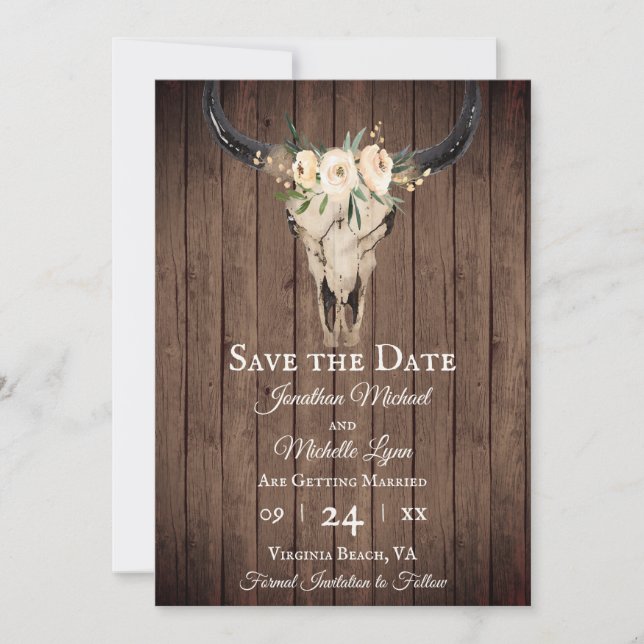 Save The Date Russe Boho Floral Vache Crâne sur Mariage Barnwood (Devant)
