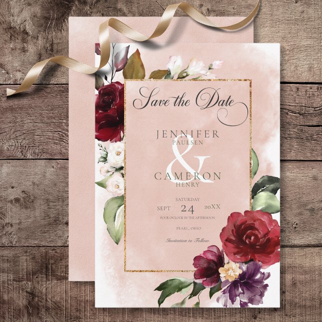 Save The Date Russe Bourgogne et rose pâle Mariage Roses (Rustic Burgundy & Blush Pink Roses Wedding Save the Date Card)