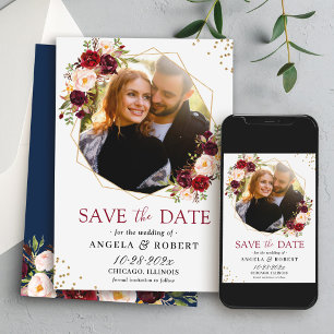 Save The Date Russe Bourgogne Floral Navy Gold Photo géométrique