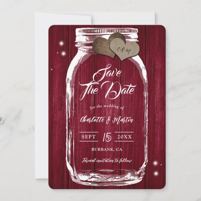 Save The Date Russe Burgundy Mason Jar Mariage de automne bois (Devant)