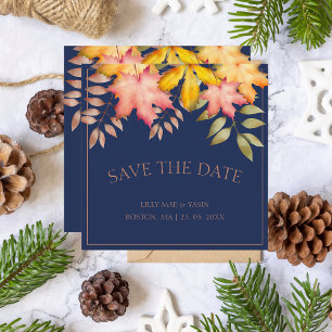 Save The Date Russe Marine Bleu Automne Feuilles Mariage