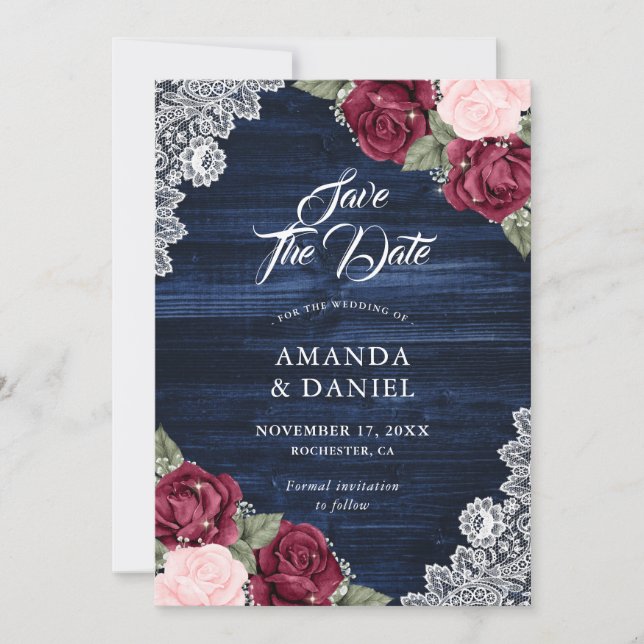 Save The Date Russe Marine Bleu Bourgogne Blush Mariage bois (Devant)