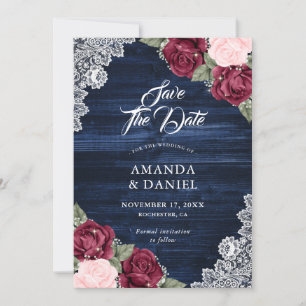 Save The Date Russe Marine Bleu Bourgogne Blush Mariage bois