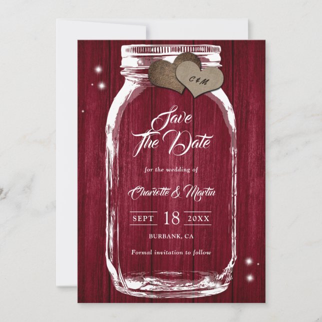 Save The Date Russe Pays Bourgogne Bois Mason Jar Mariage (Devant)