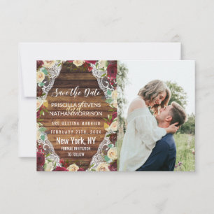 Save The Date Russe Pays Rouge ivoire Floral dentelle Bois