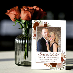 Save The Date Rust Orange Watercolor Boho Roses & Mariage photo