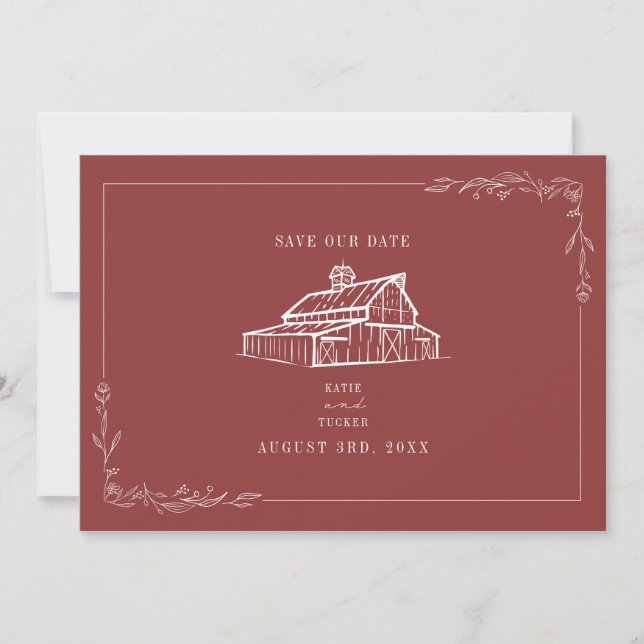 Save The Date Rustic Barn Mariage Muted Red Enregistrer la date (Devant)
