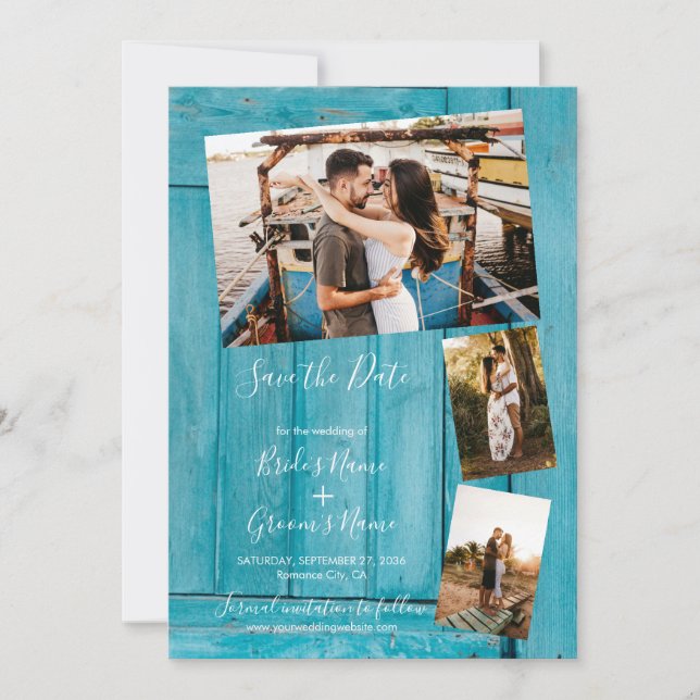 Save The Date Rustic Blue Wood 3 Photos Mariage (Devant)