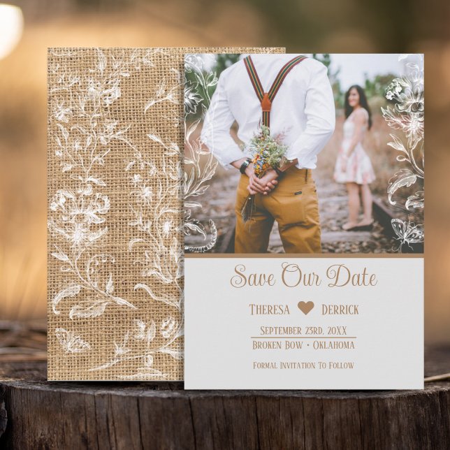 Save The Date Rustic Burlap Lace Floral Photo Mariage (Créateur téléchargé)