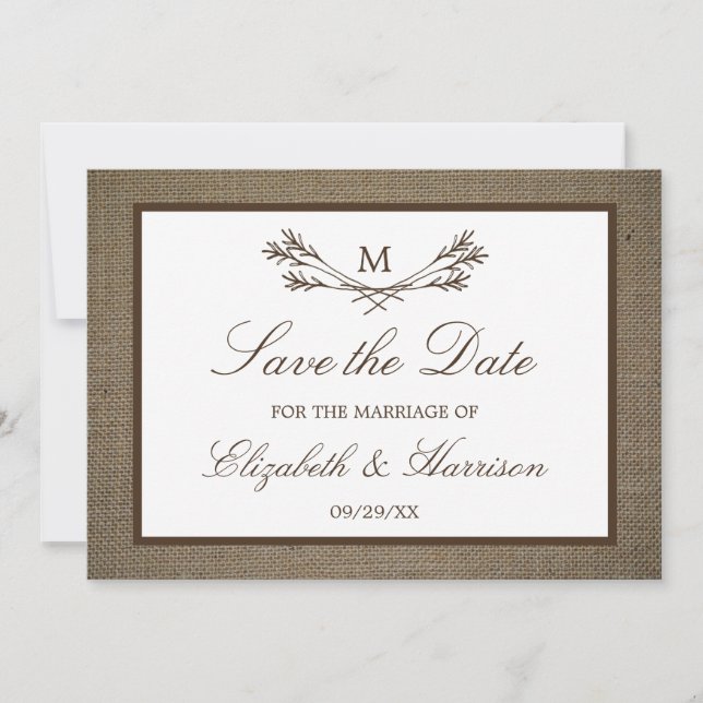 Save The Date Rustic Burlap Monogramme Branche Enregistrer La Da (Devant)