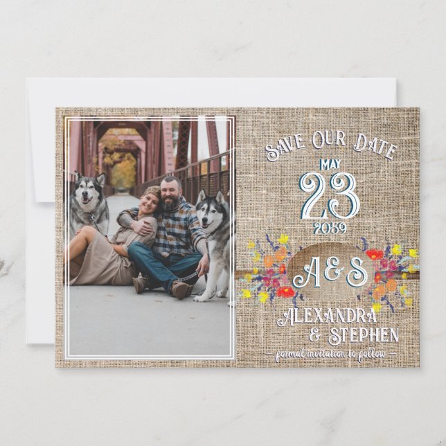 Save The Date Rustic Country Burlap Boho Fleur sauvage Mariage (Devant)