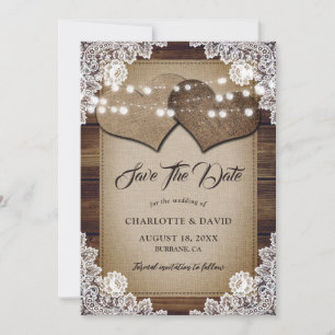 Save The Date Rustic Country Burlap Hearts Élégant Mariage dente