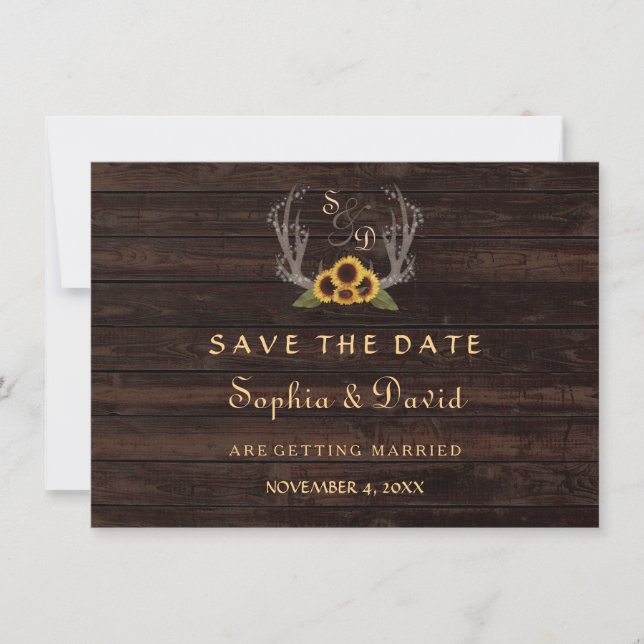 Save The Date Rustic Country Sunflowers Antlers Enregistrer la d (Devant)