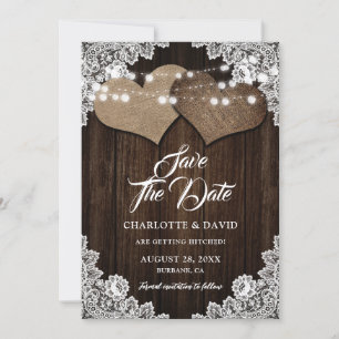 Save The Date Rustic Country Wood Hearts Floral Lace Mariage