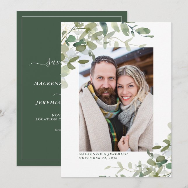 Save The Date Rustic Eucalyptus Mariage Photo Enregistrer la dat (Devant / Derrière)