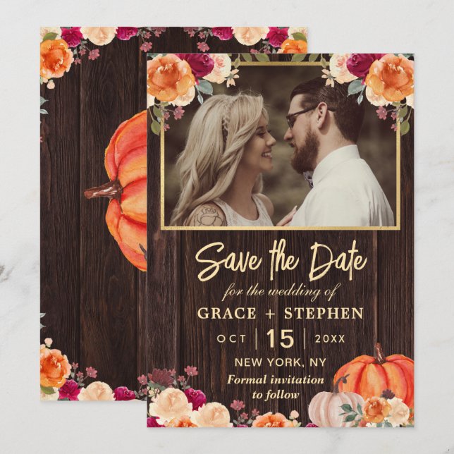 Save The Date Rustic Fall Citrouille mariage floral enregistrer  (Devant / Derrière)