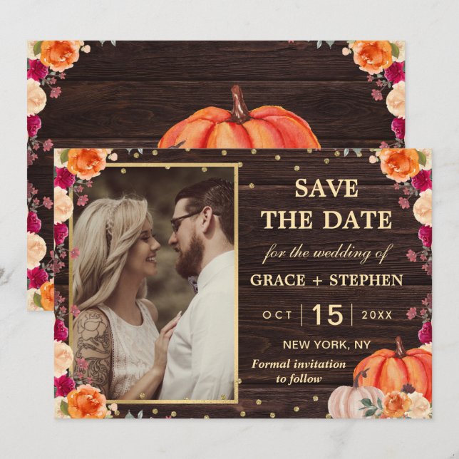 Save The Date Rustic Fall Citrouille mariage floral enregistrer  (Devant / Derrière)