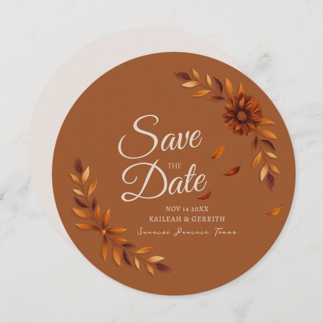 Save The Date Rustic Fall Leaves Burnt Sienna Beige Wedding (Devant / Derrière)