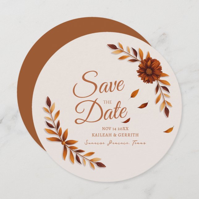 Save The Date Rustic Fall Leaves Burnt Sienna Beige Wedding (Devant / Derrière)