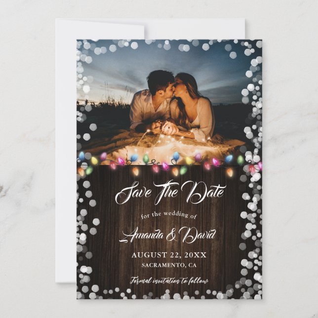 Save The Date Rustic Grange Wood Lace Lights Mariage de vacances (Devant)