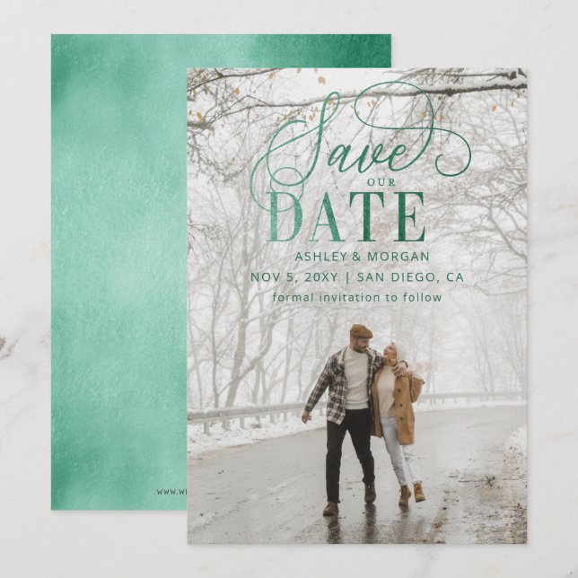 Save The Date Rustic Green Script Photo Moderne Enregistrer La D (Devant / Derrière)