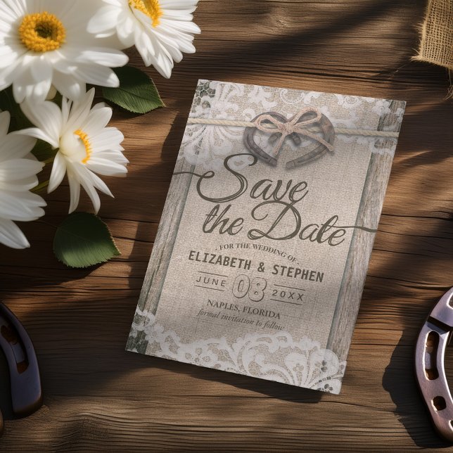Save The Date Rustic Horseshoe Burlap Lace Wedding Enregistrer L (Créateur téléchargé)