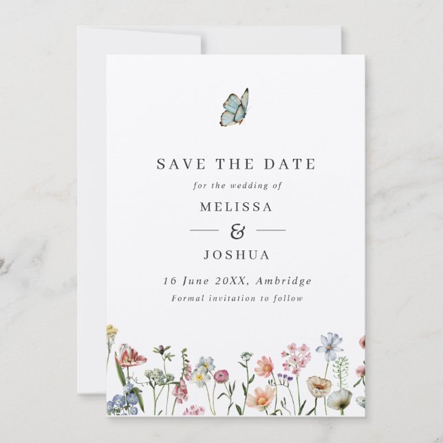 Save The Date Rustic Kraft Fleurs sauvages et Mariage papillon (Devant)