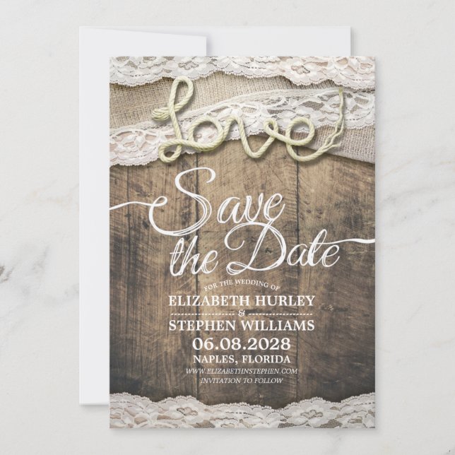 Save The Date Rustic Love Rope Burlap Lace Wedding Enregistrer L (Devant)