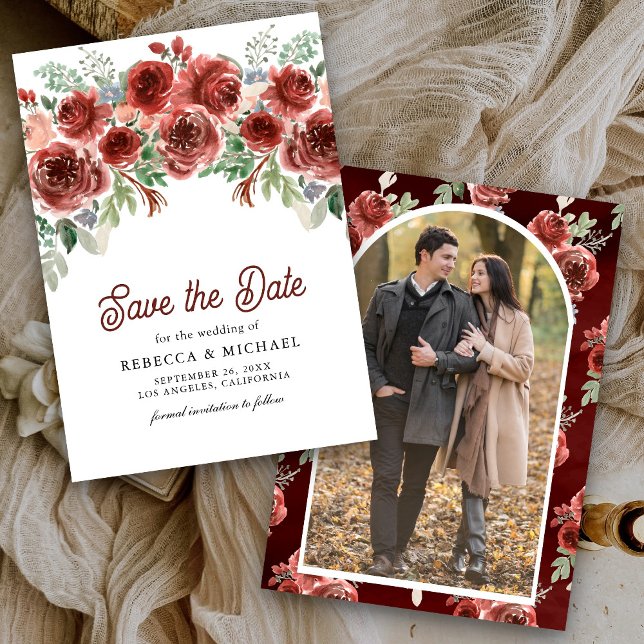 Save The Date Rustic Marsala Floral Photo Mariage (Créateur téléchargé)