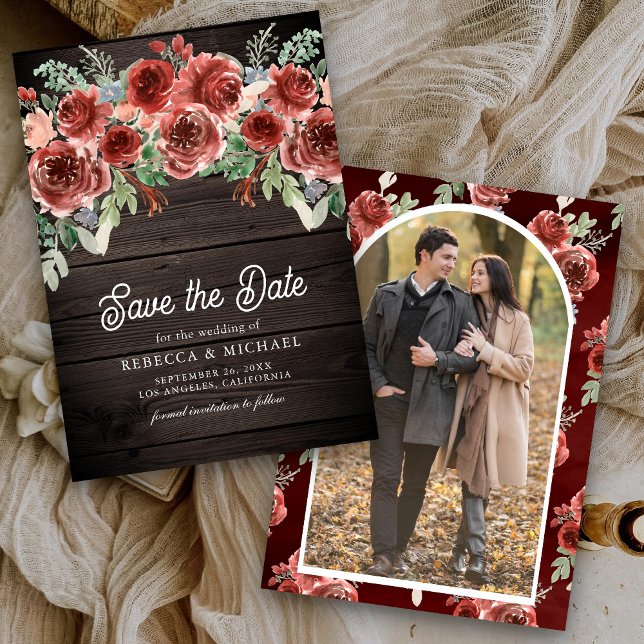 Save The Date Rustic Marsala Floral Photo Mariage bois (Créateur téléchargé)