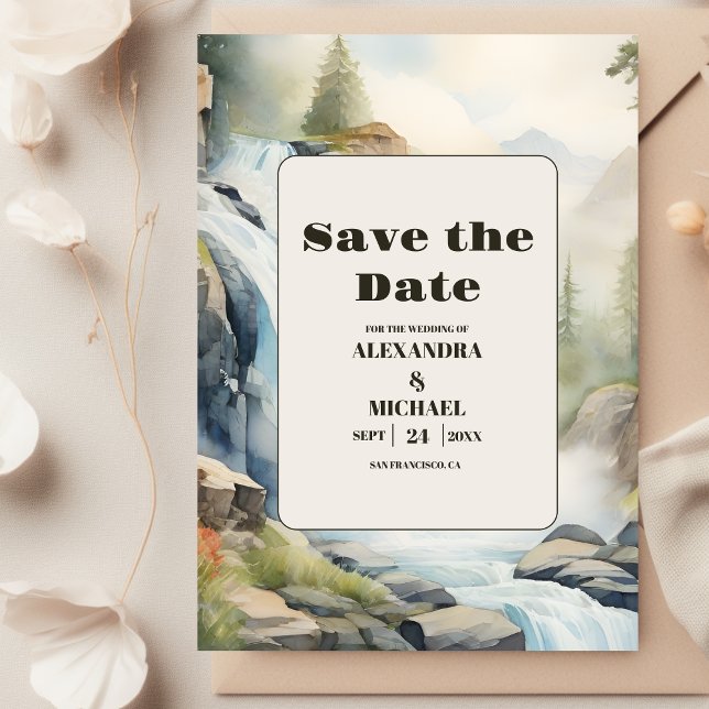 Save The Date Rustic Mountain Waterfall Boho Mariage (Créateur téléchargé)