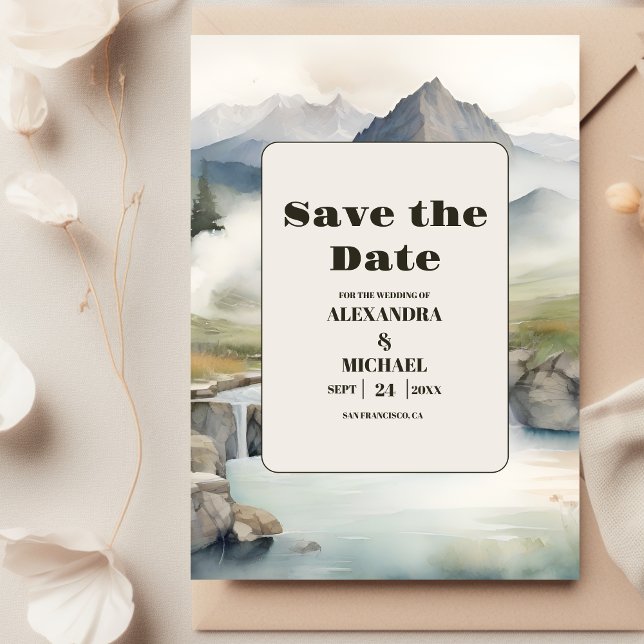 Save The Date Rustic Mountain Waterfall Boho Mariage (Créateur téléchargé)